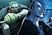 An illustration of Crocodile from the One Piece manga series, standing triumphantly on an island