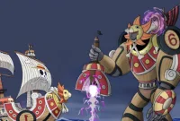 "Vegapunk's Giant Robot Transformation in One Piece 1089" - Depicts the Sunny Go ship morphing into a massive robot, combining technology and fantasy in the world of One Piece.