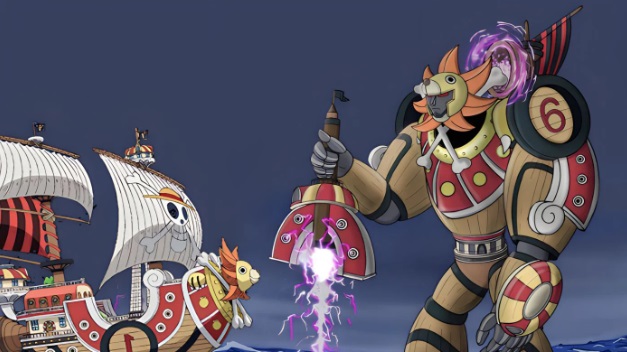 "Vegapunk's Giant Robot Transformation in One Piece 1089" - Depicts the Sunny Go ship morphing into a massive robot, combining technology and fantasy in the world of One Piece.