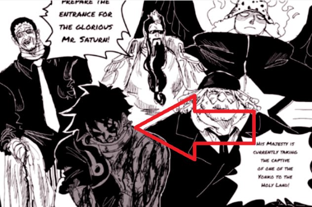 Illustration of Luffy facing off against Kizaru and Gorosei in Hachinosu.