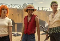 One Piece Netflix characters sailing on a thrilling adventure, missing characters illustrated in the background.