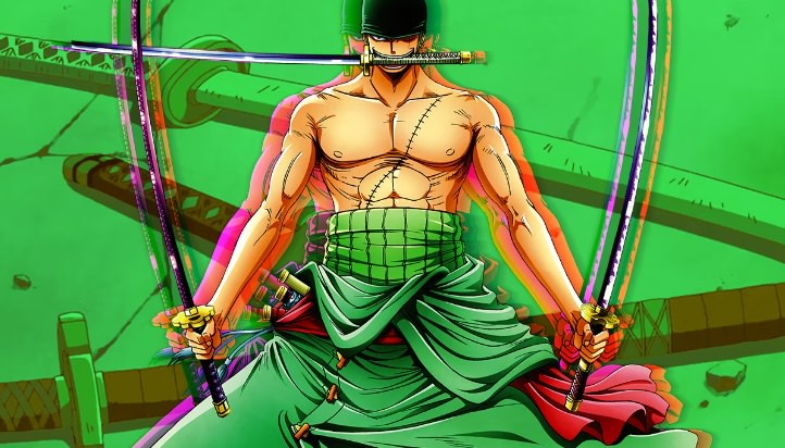 One Piece character Zoro wields his three swords in battle