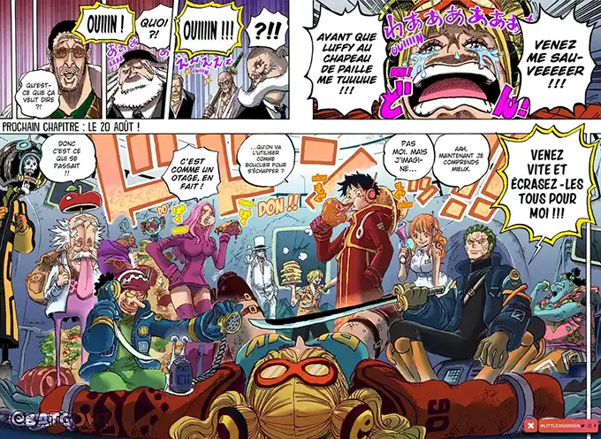 Illustration depicting the clash between Luffy and the Gorosei, surrounded by Vega Punk's admirers